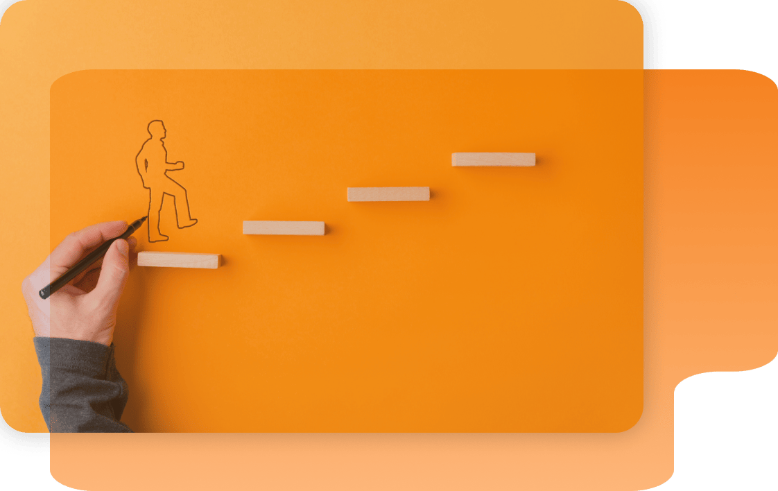 A hand draws a silhouette of a person walking up ascending wooden steps on an orange background, symbolizing progress and Solutions New.
