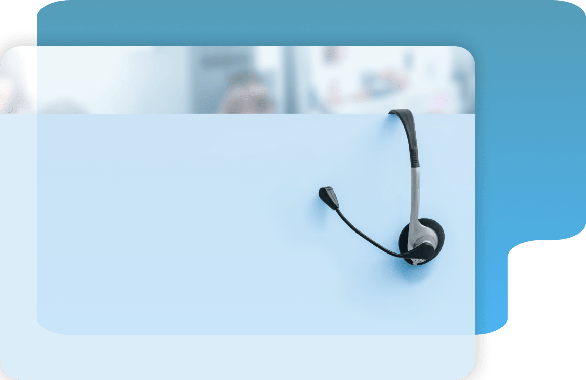 A headset with a microphone hangs on a blue wall, symbolizing new solutions for communication, set against a blurred office background and layered blue shapes.