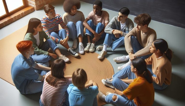 A diverse group of young people sit in a circle on the floor, engaged in a discussion about effective interventions for cyberbullying, in a bright, casual indoor setting.
