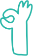 A simple teal outline of a hand making an "OK" gesture with the thumb and index finger forming a circle.
