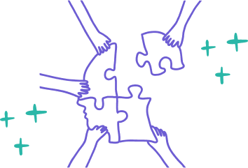 Four hands each hold a puzzle piece, assembling them together with decorative plus signs in the background&mdash;a symbol of new solutions coming together seamlessly.