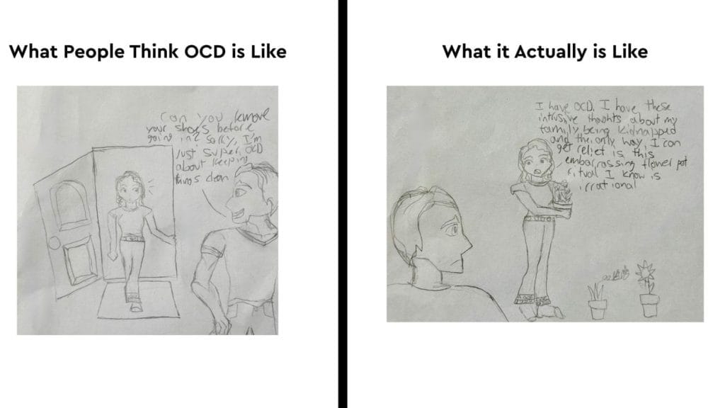 Side-by-side drawings compare misconceptions about OCD; left shows a neatness stereotype, right depicts intrusive thoughts and anxiety, highlighting that OCD is more than just the newest buzzword.