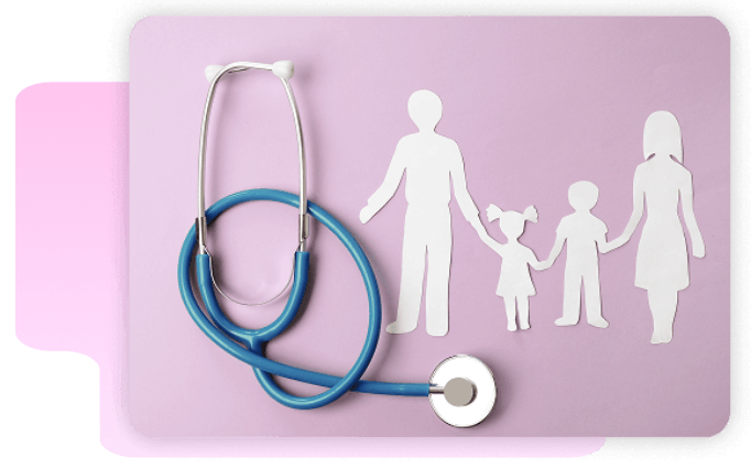 A stethoscope lies next to paper cutouts of a family of four on a purple background.