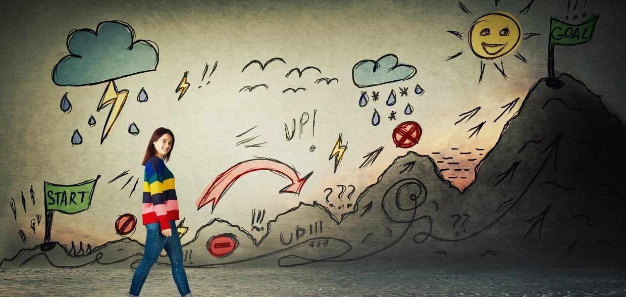 How Pursuing a Quest Can Bring Purpose to Your Life | curaJOY A woman walks through a hand-drawn illustration depicting a journey from a rainy start to a sunny goal on a mountain peak.