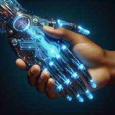 A human hand shakes hands with a glowing, futuristic robotic hand displaying illuminated circuits, symbolizing effective interventions in combating cyberbullying.