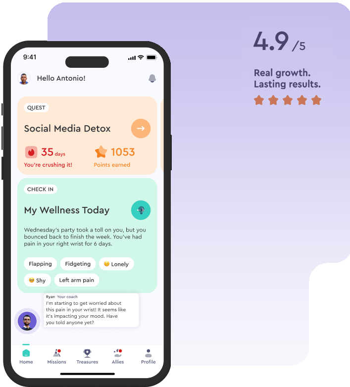 A smartphone displays a wellness app with a social media detox quest and a wellness check-in; a 4.9/5 rating with five stars appears in the background.
