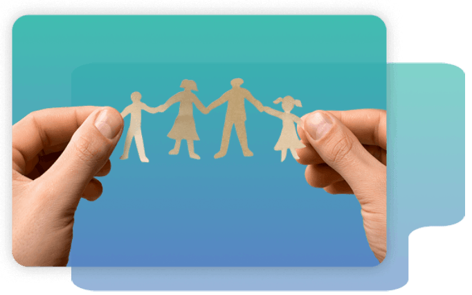 Two hands hold a paper cutout of four people, representing a family, against a blue and teal gradient background.