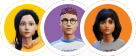 Three illustrated avatars in round frames: a woman with black hair in yellow, a man with glasses in purple, and a woman with dark hair in orange.