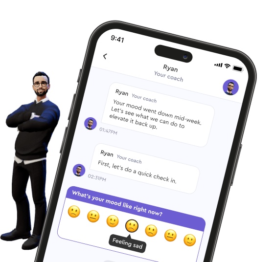 A smartphone screen shows a chat with a coach named Ryan discussing mood and a quick check-in; mood emojis are displayed below the conversation.