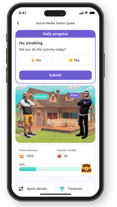 A mobile app screen shows a "No smoking" daily progress check, two animated avatars labeled Antonio and Ryan outside a house, and user stats for points earned, check-in streak, and progress bar.