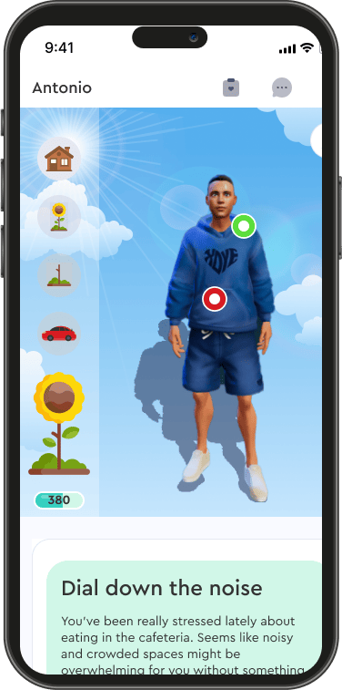 A digital avatar of a person in a blue hoodie and shorts stands on a sky and cloud background, with icons and scores on the left and a message about noise at the bottom.
