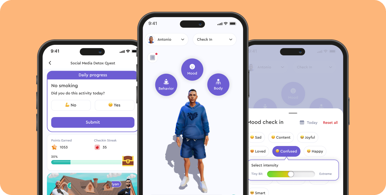 Three smartphone screens display a wellness app with features for activity tracking, mood check-ins, and progress monitoring against a peach-colored background.