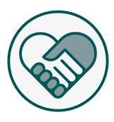 A graphic of two hands forming a heart shape, one in white and one in teal, outlined by a teal circle.