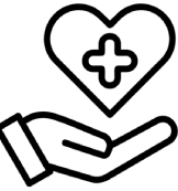 Outline of a hand holding a heart with a medical cross inside, symbolizing healthcare, medical assistance, or support.