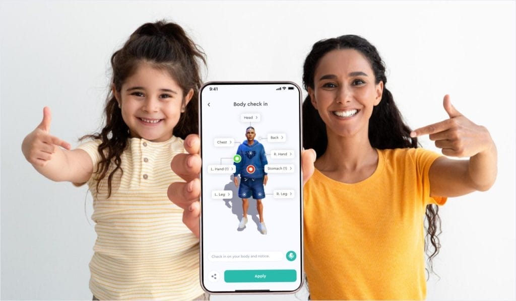 Two smiling people, a child and an adult, point to a smartphone displaying a digital body check-in app with highlighted body areas.